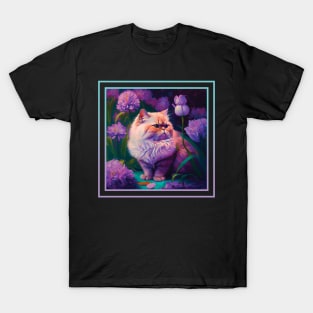 Smol Persian Cat Vibrant Tropical Flower Digital Oil Painting Portrait T-Shirt